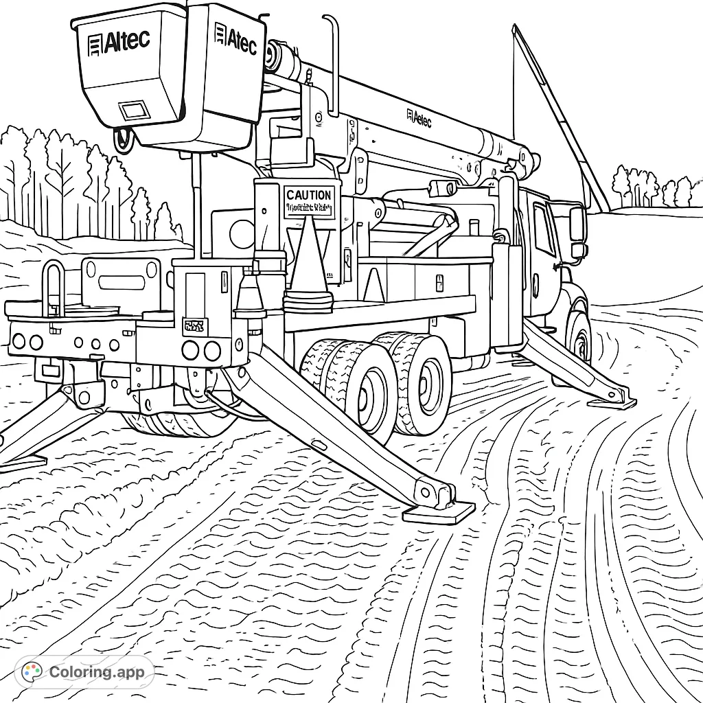 A detailed utility truck with an extended boom and outriggers, set on a construction site with muddy tracks and distant machinery. A realistic vehicle coloring page.