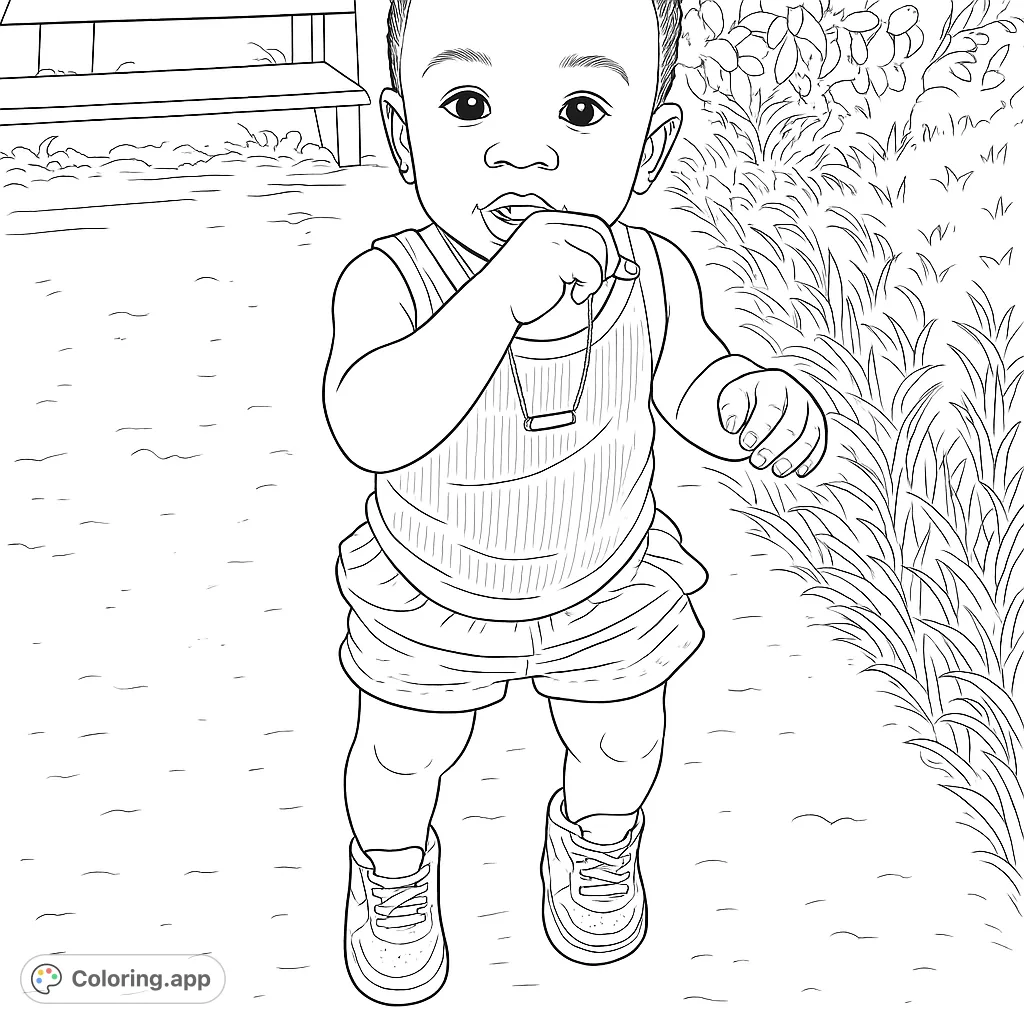 A sweet child stands on a path, finger to mouth, wearing a ribbed top and shorts. A charming scene perfect for a baby coloring page.