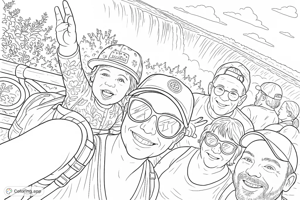Capture a joyful family moment at a majestic waterfall. This fun coloring page features smiling faces, a waving child, and a dramatic natural wonder.