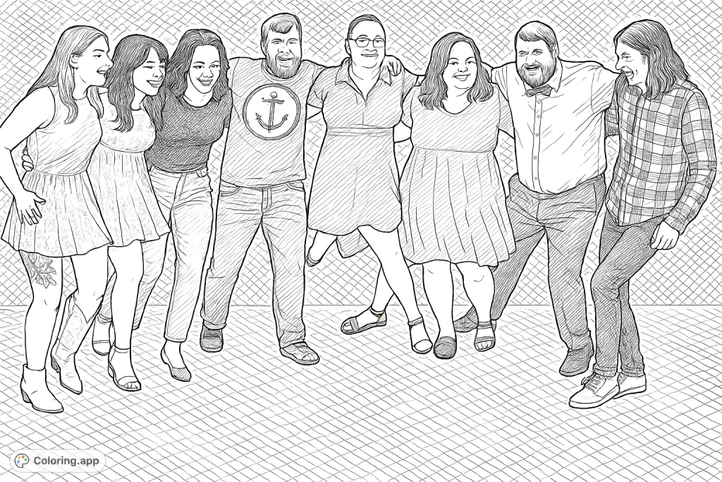 Capture the laughter and camaraderie of a group of friends in a playful pose. This free printable friends coloring page is perfect for all ages.