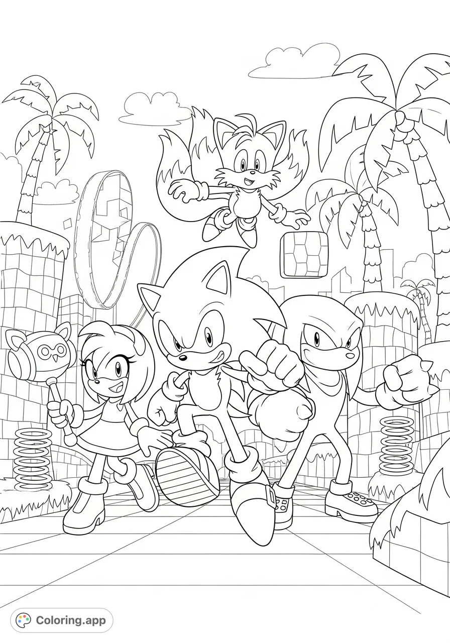 Join Sonic, Tails, Knuckles, and Amy in a dynamic scene, ready for adventure. A fun, free printable Sonic and friends coloring page for all ages.