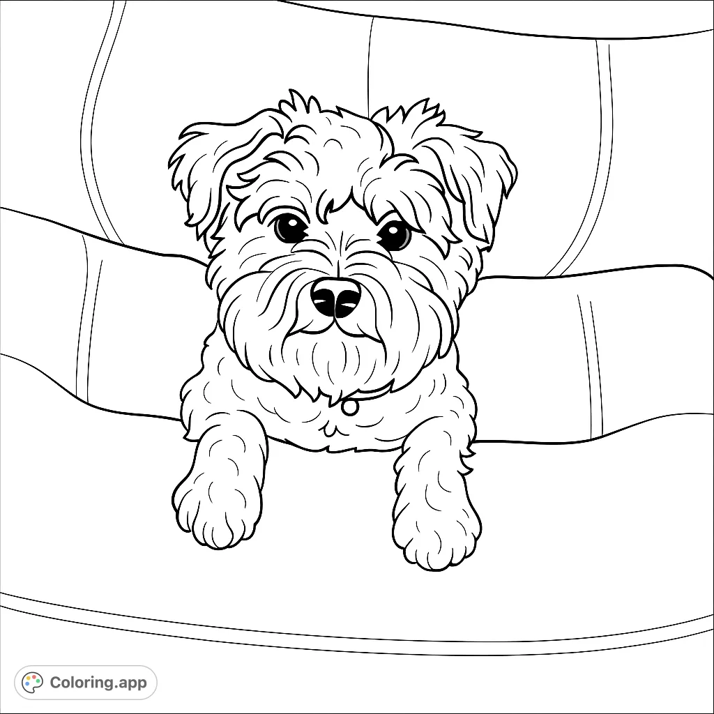 A charming fluffy dog with a distinctive beard and eyebrows sits cozily on a sofa, ready for a splash of imagination. Perfect for dog lovers!