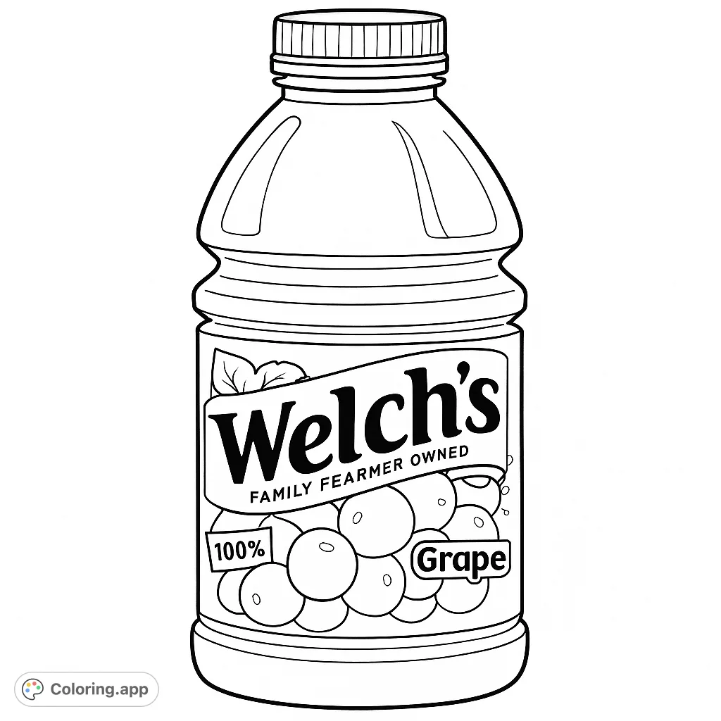 Color a familiar beverage bottle with its distinctive shape, prominent label, and a cluster of fruit. A fun, everyday object coloring page.