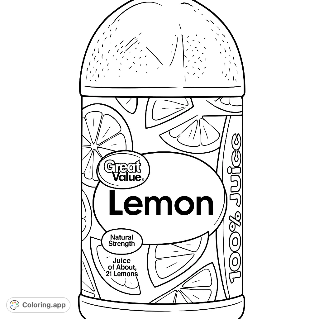 A refreshing lemon juice bottle design featuring various lemon slices and wedges, perfect for a vibrant citrus coloring experience.