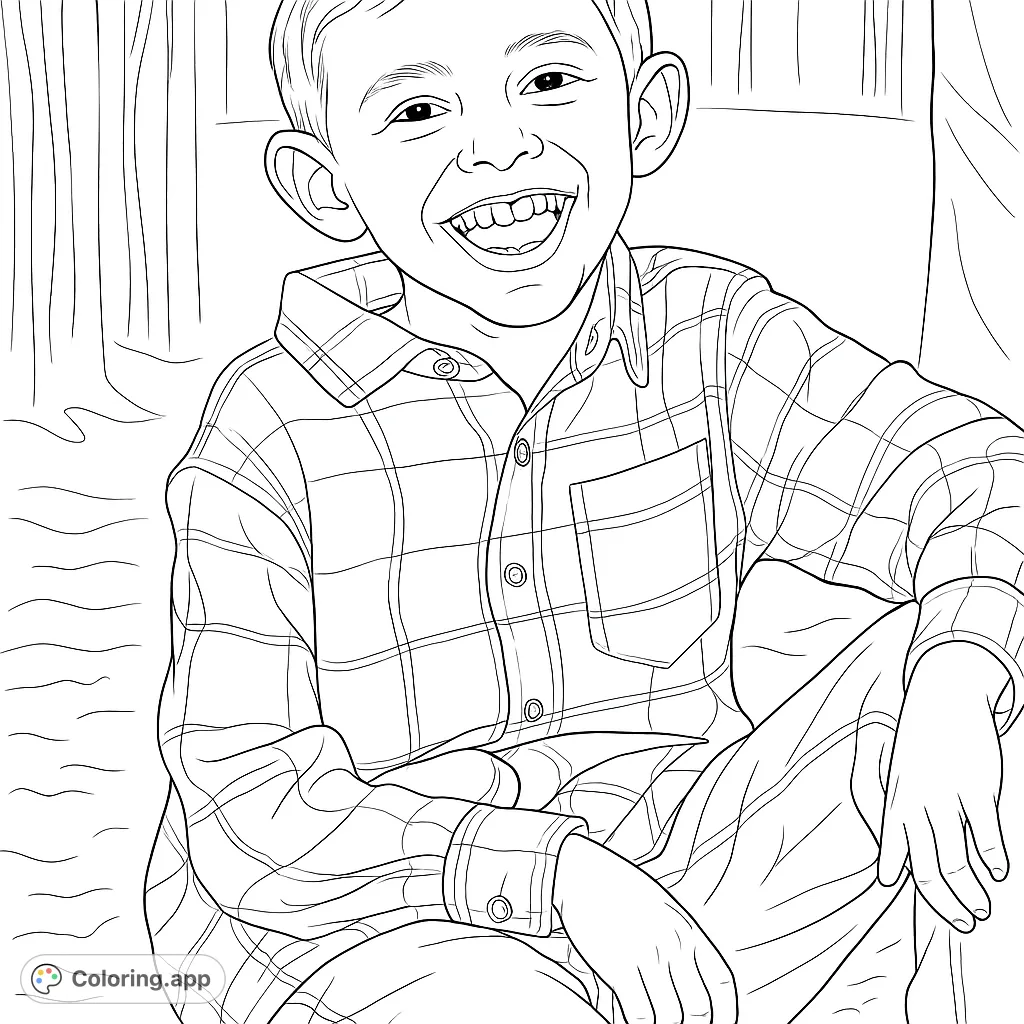 Capture pure happiness with this joyful boy coloring page. Features a smiling child in a plaid shirt, perfect for all ages to personalize.