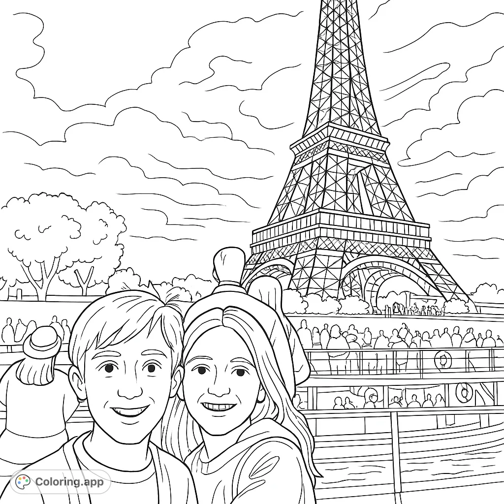 Capture the magic of Paris with this Eiffel Tower coloring page. Two smiling children in the foreground, with the iconic landmark and river scene behind them.