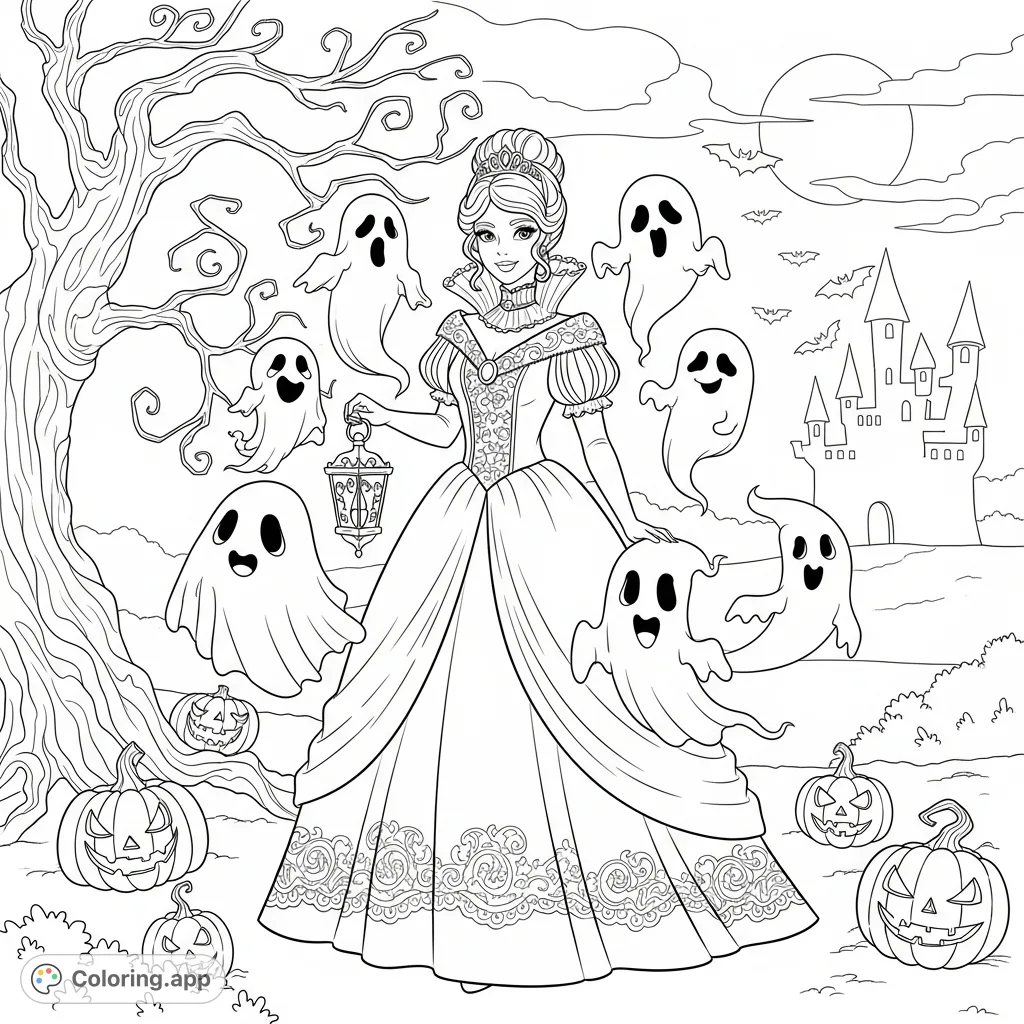 A charming princess surrounded by whimsical ghosts in a spooky Halloween setting, featuring a haunted castle, bare trees, and carved pumpkins. Perfect for festive fun!