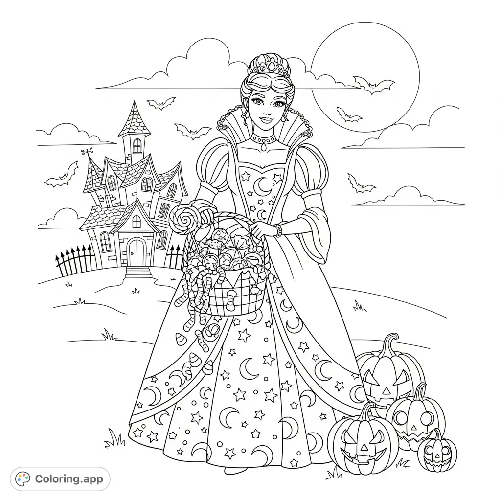 A charming princess in a festive Halloween costume, ready for trick-or-treating with a basket full of delicious candies. Perfect for holiday fun!