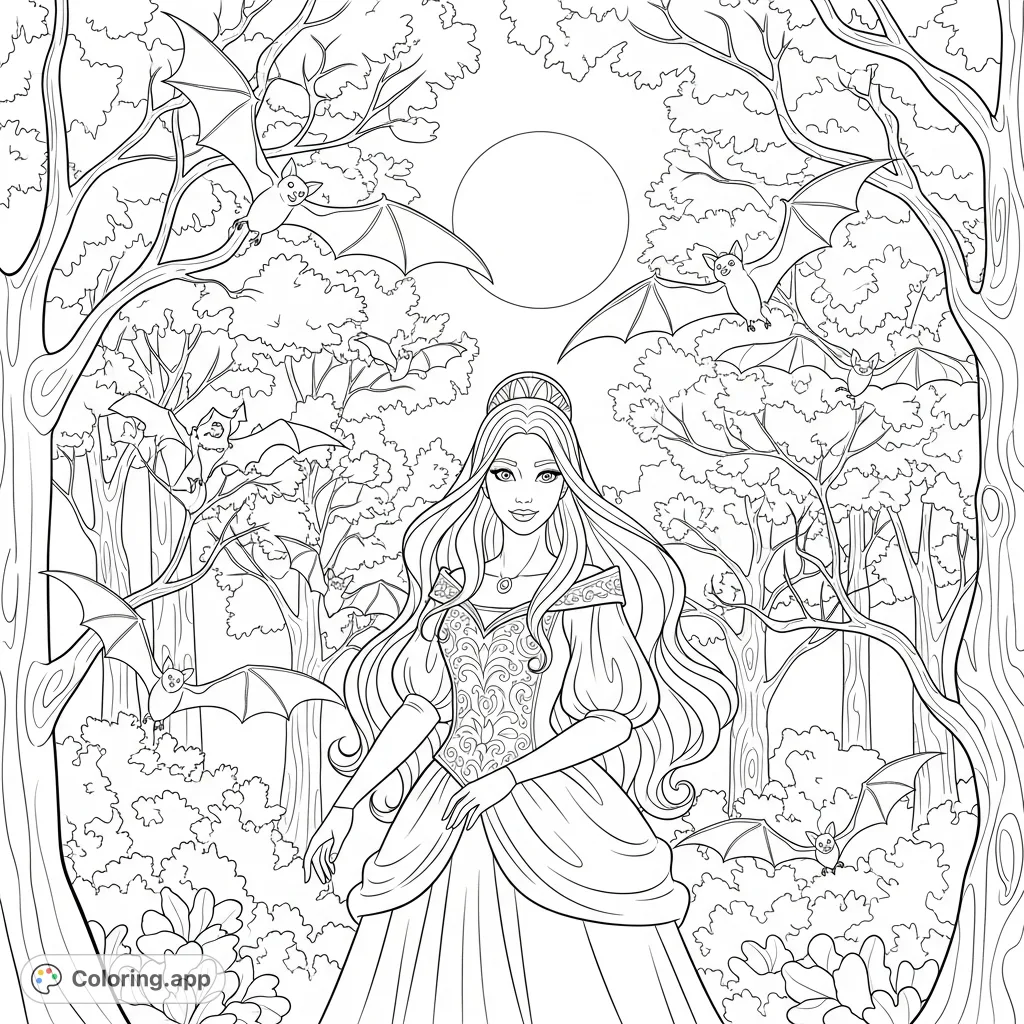 A graceful princess with flowing hair stands among autumn trees, surrounded by playful bats, creating a whimsical Halloween scene perfect for imaginative coloring.
