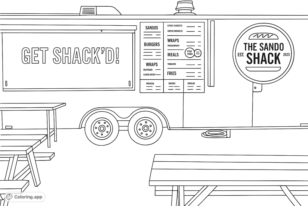 Color a bustling food truck scene featuring "The Sando Shack" with its detailed menu, distinctive logo, and inviting outdoor tables.