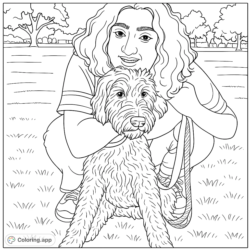 A heartwarming scene of a person embracing their shaggy dog in a park. Perfect for dog lovers and those who cherish companionship. A delightful free printable coloring page.