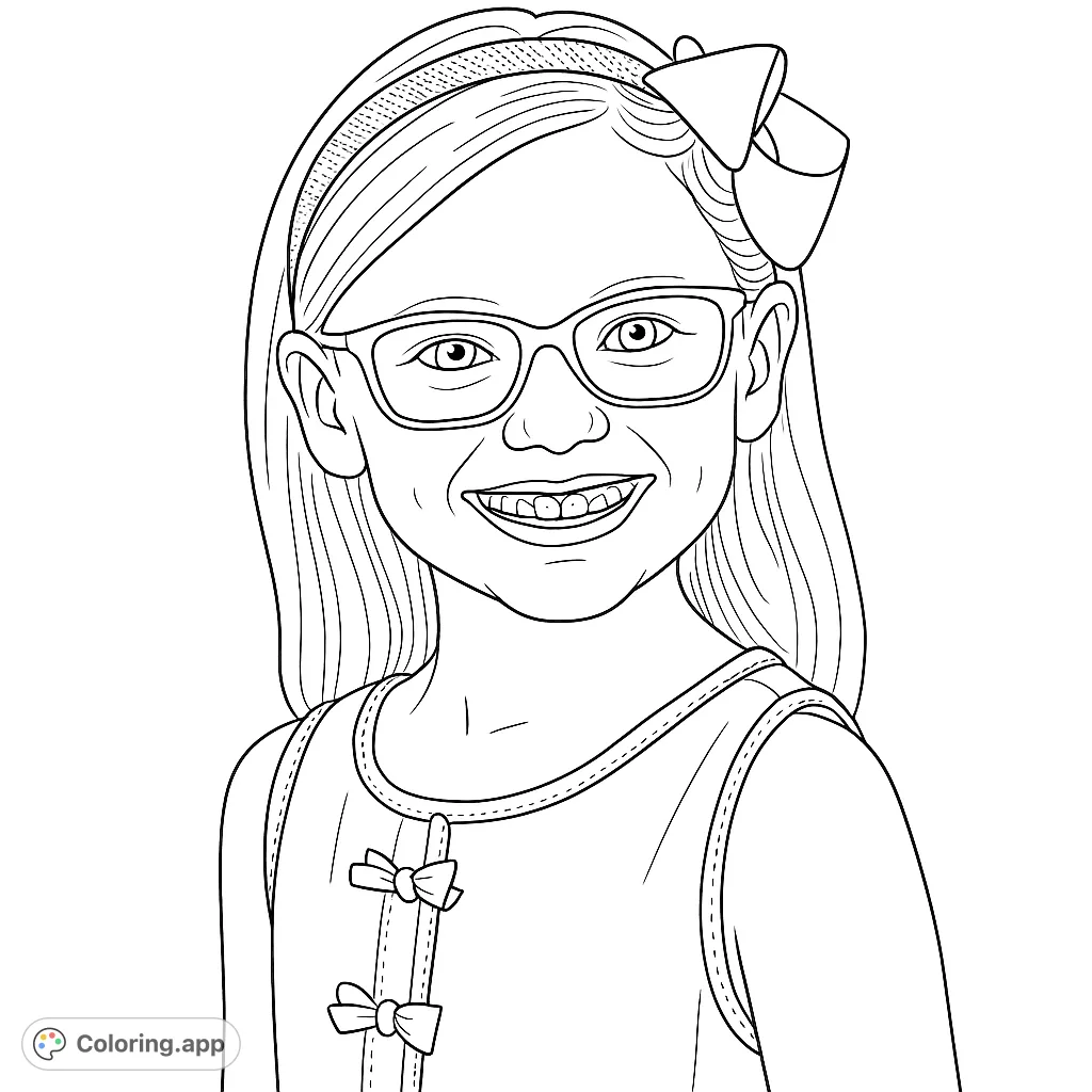 A cheerful young girl with glasses and a large bow in her hair, smiling brightly. Perfect for kids to color and express their creativity.