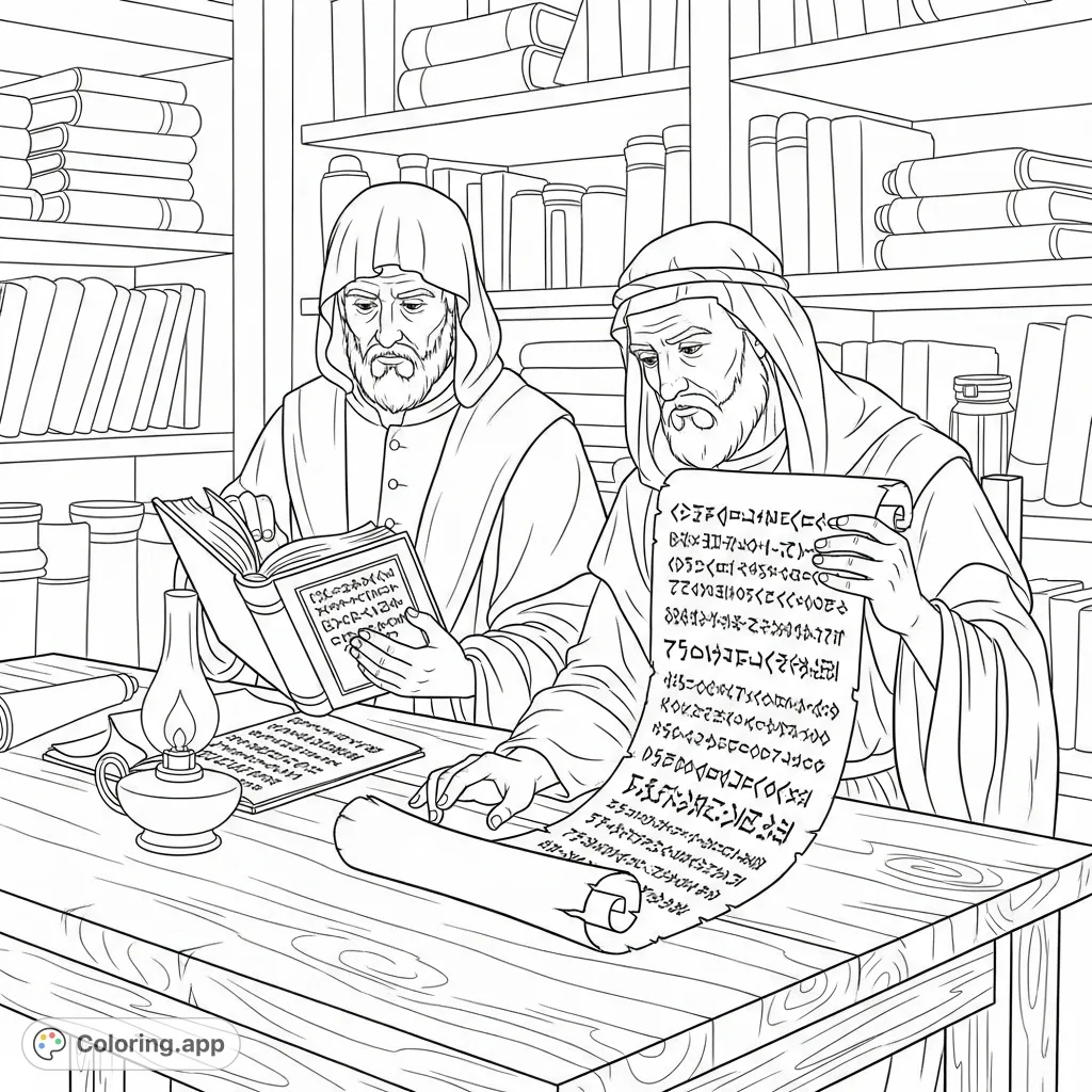 Discover a detailed studying the Prophets coloring page featuring a priest and a doctor of the Law of God engrossed in ancient texts.