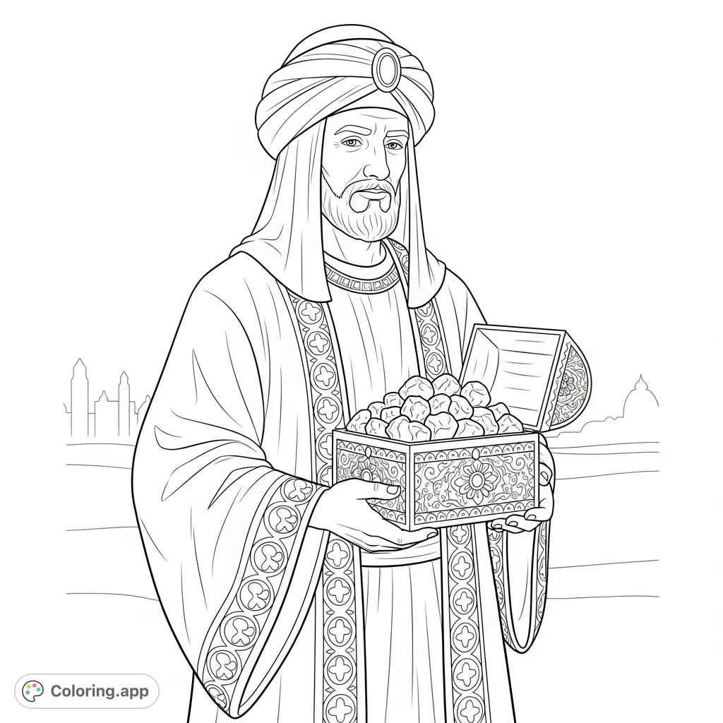 Color Balthasar, the wise man, as he presents an ornate casket filled with precious nuggets. A detailed scene for a meaningful coloring experience.
