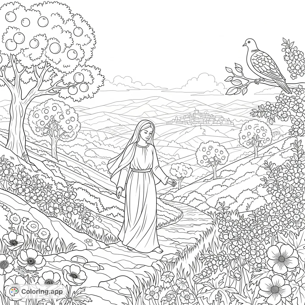 Embark on a spiritual journey with this Mary's journey coloring page, depicting her walk through the beautiful, wildflower-filled hills of Judea.