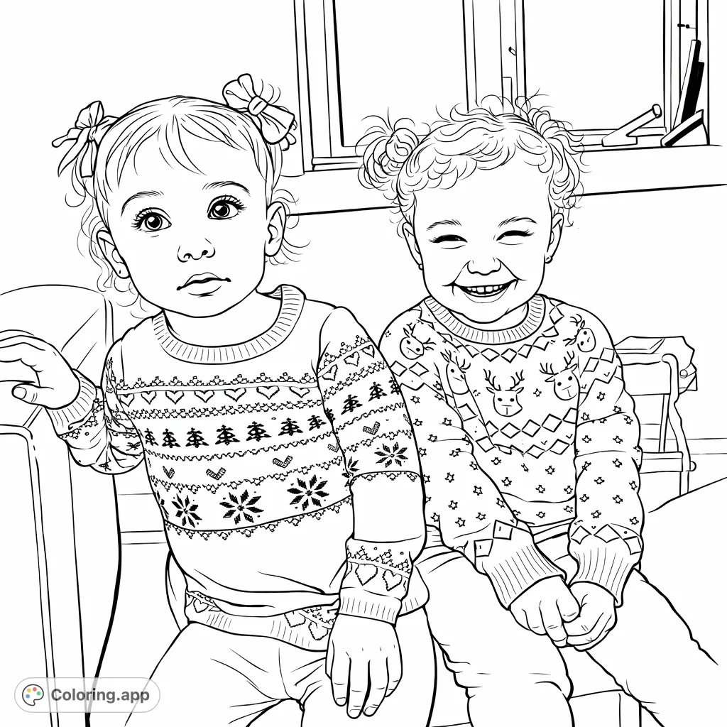 A delightful festive sweater coloring page featuring two adorable toddlers in patterned sweaters, perfect for spreading holiday cheer and creative expression.