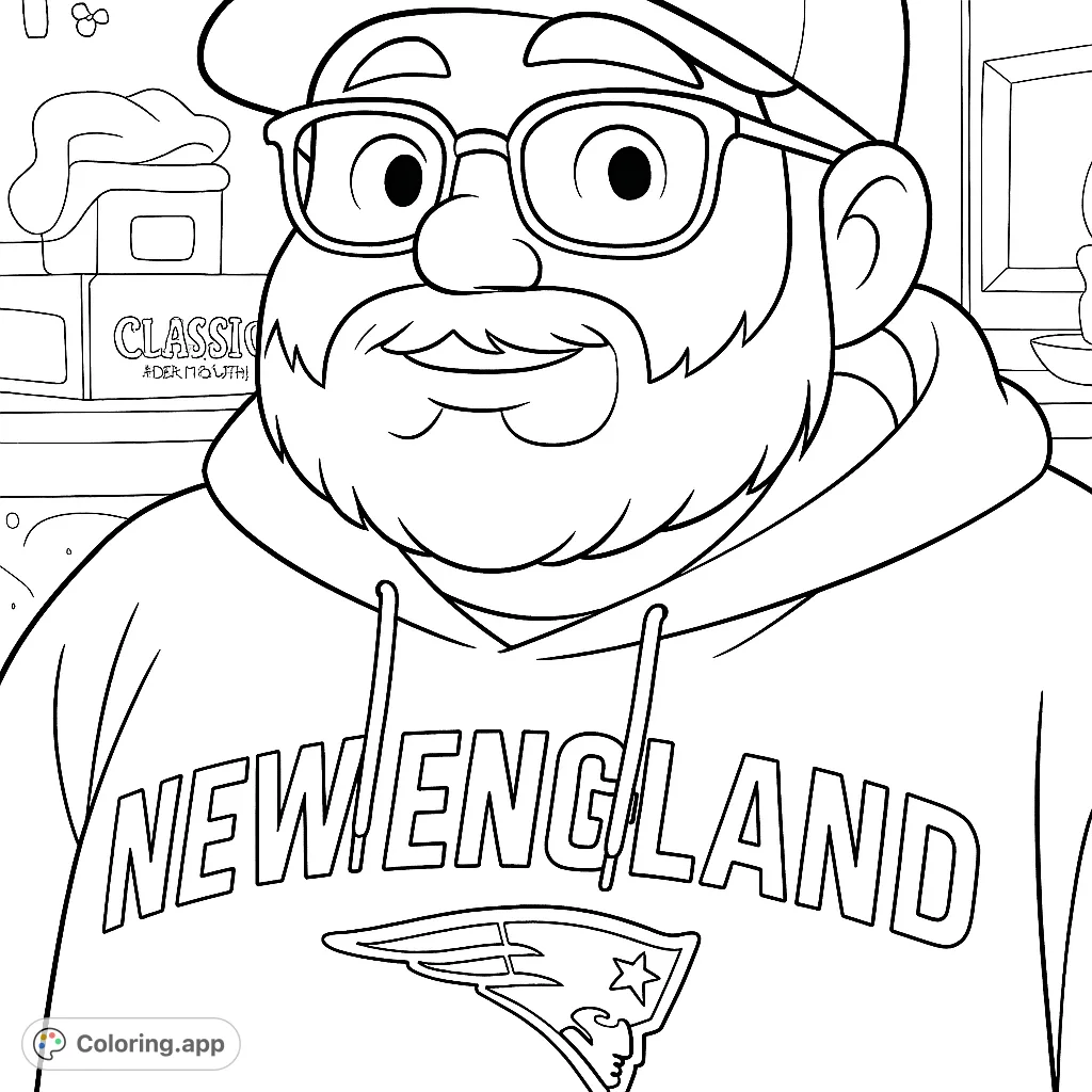 A friendly bearded man in a hoodie and glasses, featuring "NEW ENGLAND" text and a sports logo. Perfect for fans and character portrait enthusiasts.