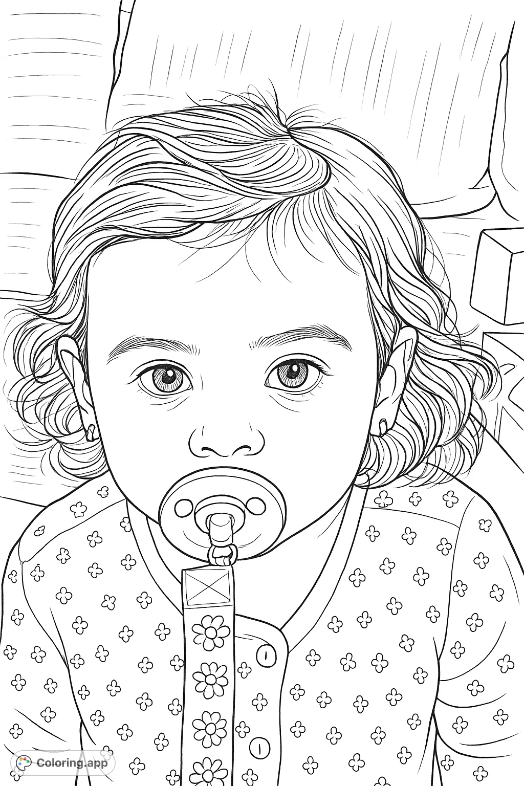 An adorable child with a pacifier, featuring a sweet expression and patterned clothing. Perfect for a heartwarming coloring experience.
