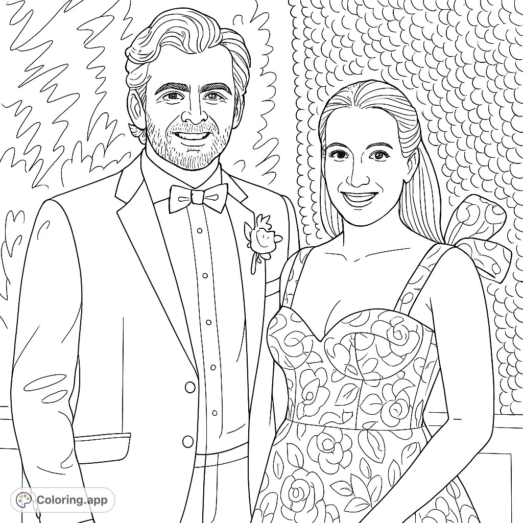 An elegant couple in formal attire, standing against a lush garden backdrop, perfect for a sophisticated coloring experience.