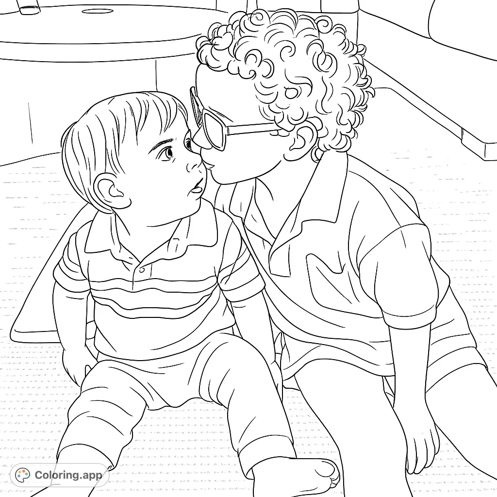 Capture a heartwarming moment between two siblings. An older child gently kisses a younger one on the nose, perfect for a sweet family coloring page.