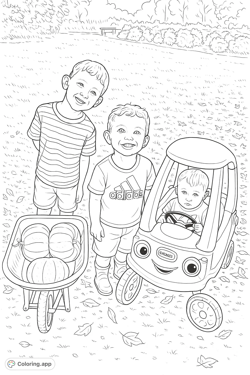 Three cheerful boys with a wheelbarrow full of pumpkins and a toy car, enjoying outdoor playtime. A delightful harvest scene for coloring.