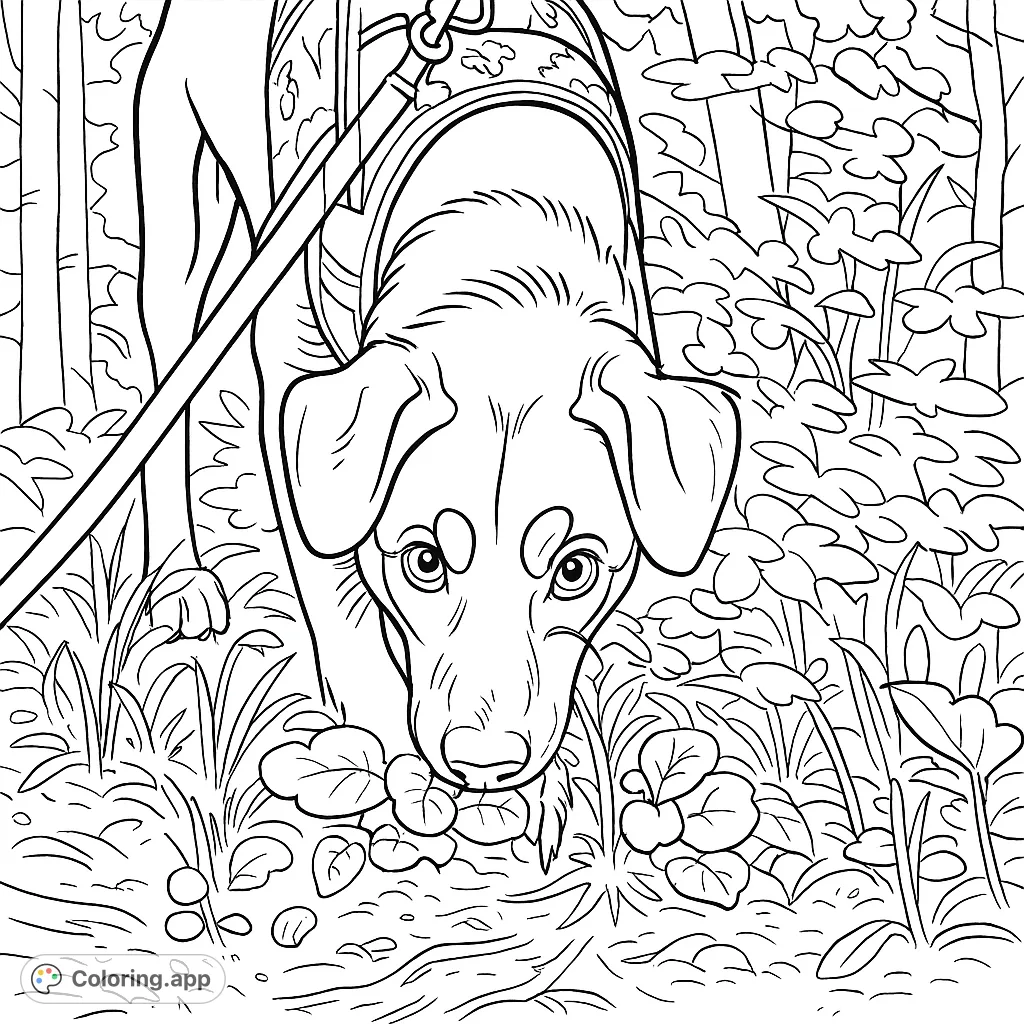 A curious dog explores a forest floor, sniffing among plants and leaves. Perfect for dog lovers and nature enthusiasts seeking a detailed coloring challenge.