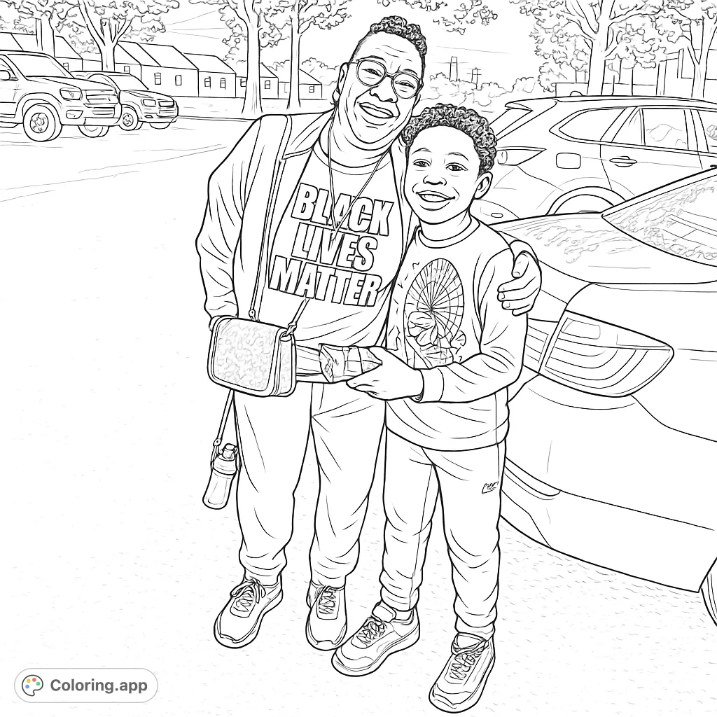 A heartwarming portrait of a woman and a boy embracing, standing in a parking lot with cars and buildings. A beautiful scene of connection and community.