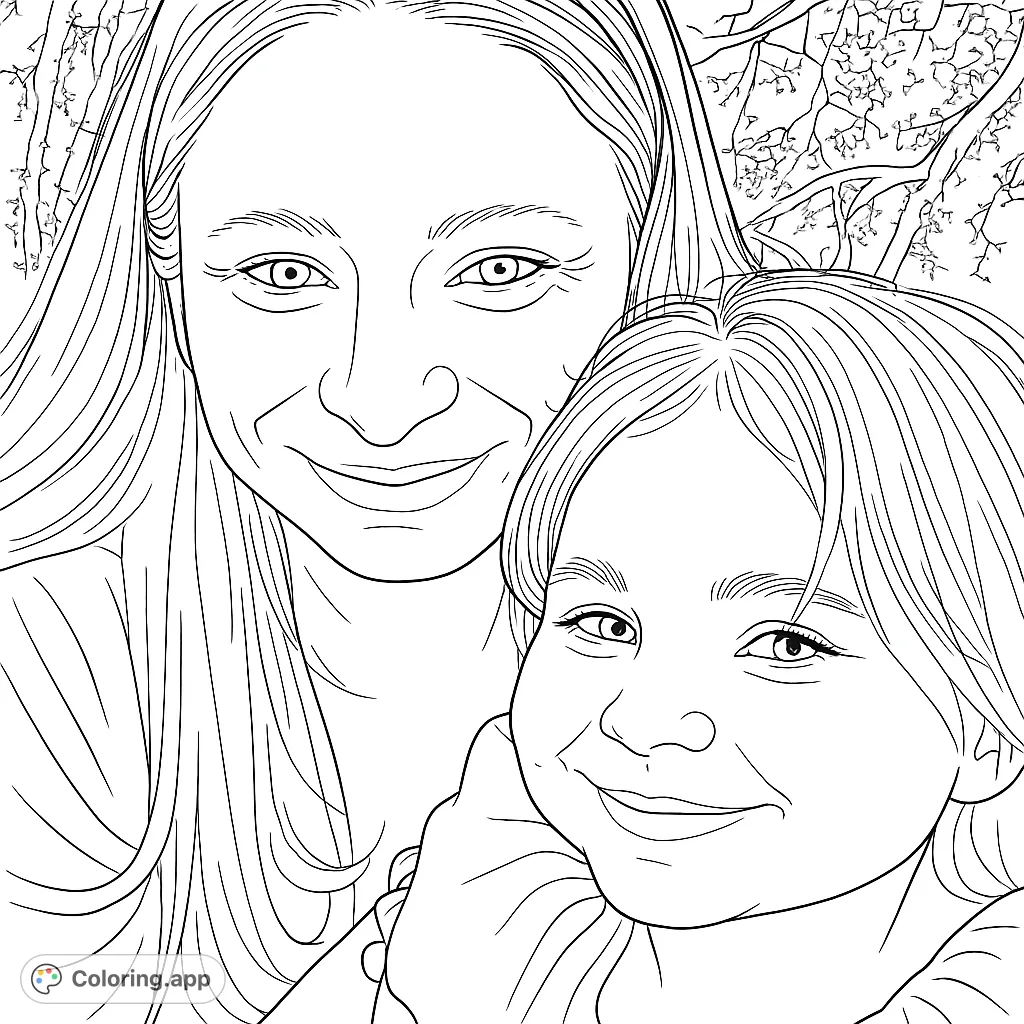 Capture a heartwarming moment between a mother and child. This free printable coloring page features two smiling faces, perfect for expressing love and connection.