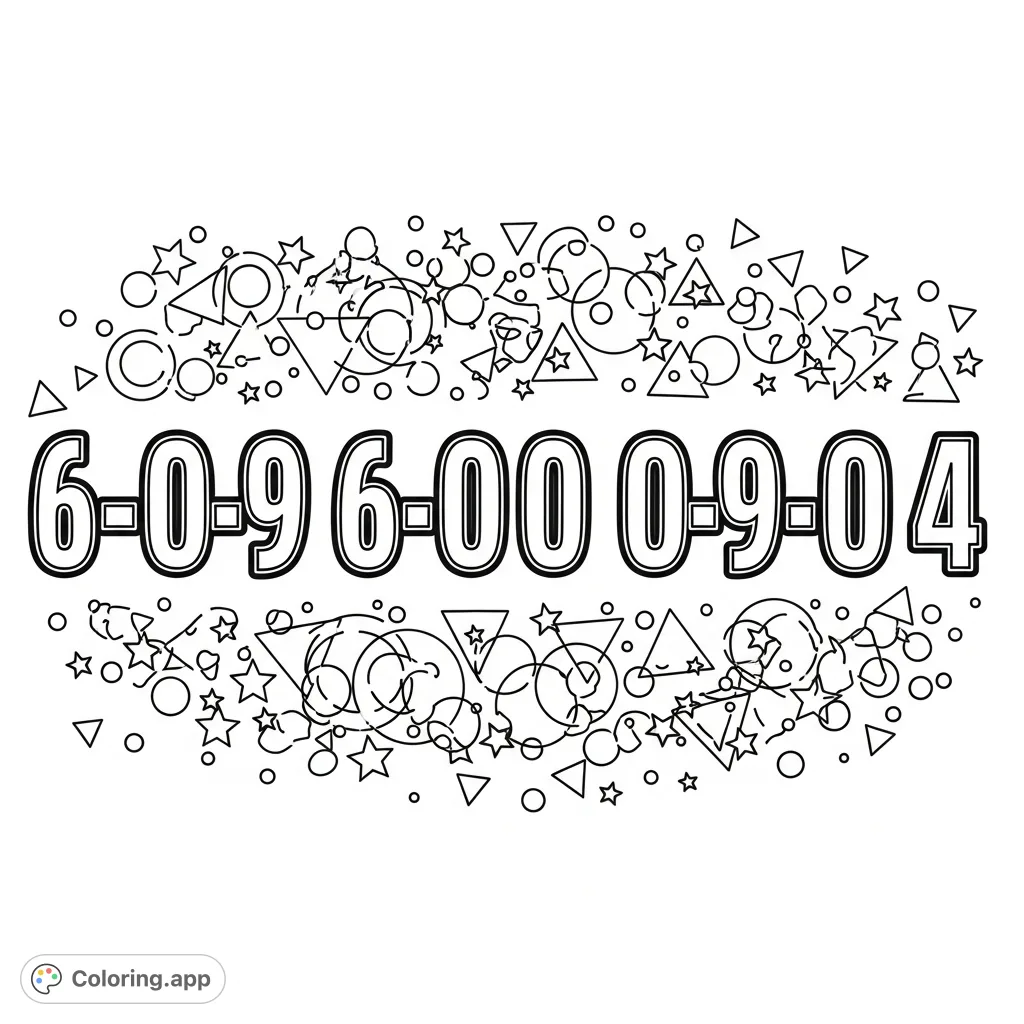 A unique coloring page featuring the bold numbers "6-0-9 6-0-0 0-9-0-4" amidst a playful array of geometric shapes and scattered stars.