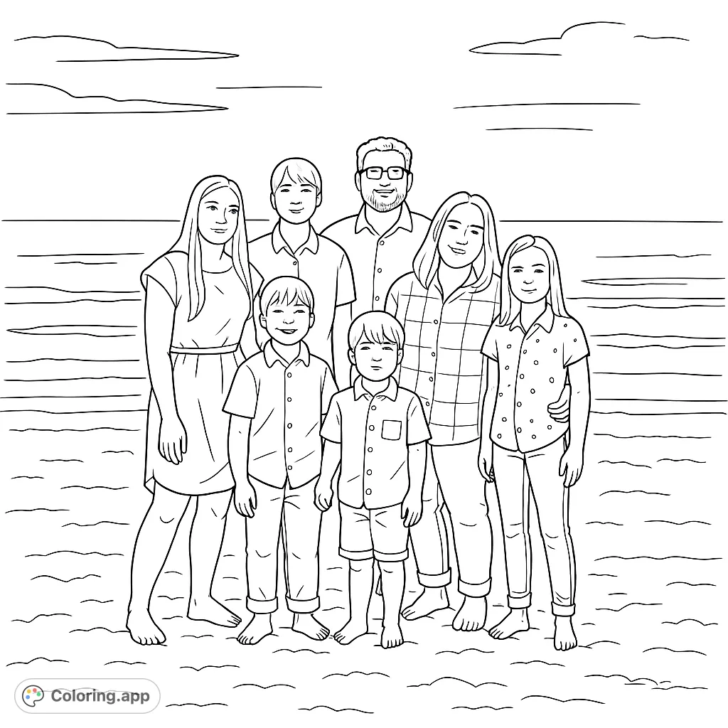 A heartwarming family portrait on a sandy beach, featuring six individuals enjoying a serene moment by the ocean. Perfect for personalizing.