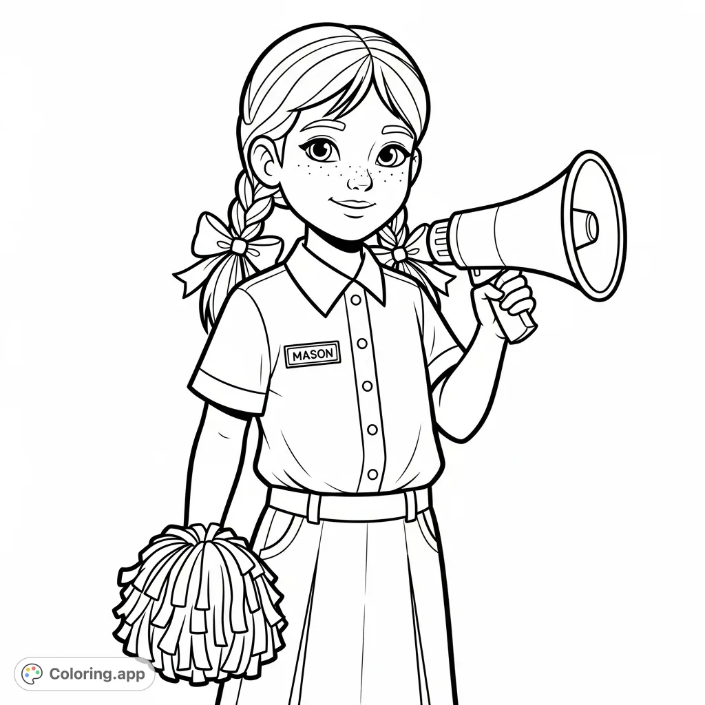 A detailed coloring page featuring a girl in a crisp uniform, her shirt bearing the name 'Mason'. Perfect for young artists to personalize this student-themed scene.