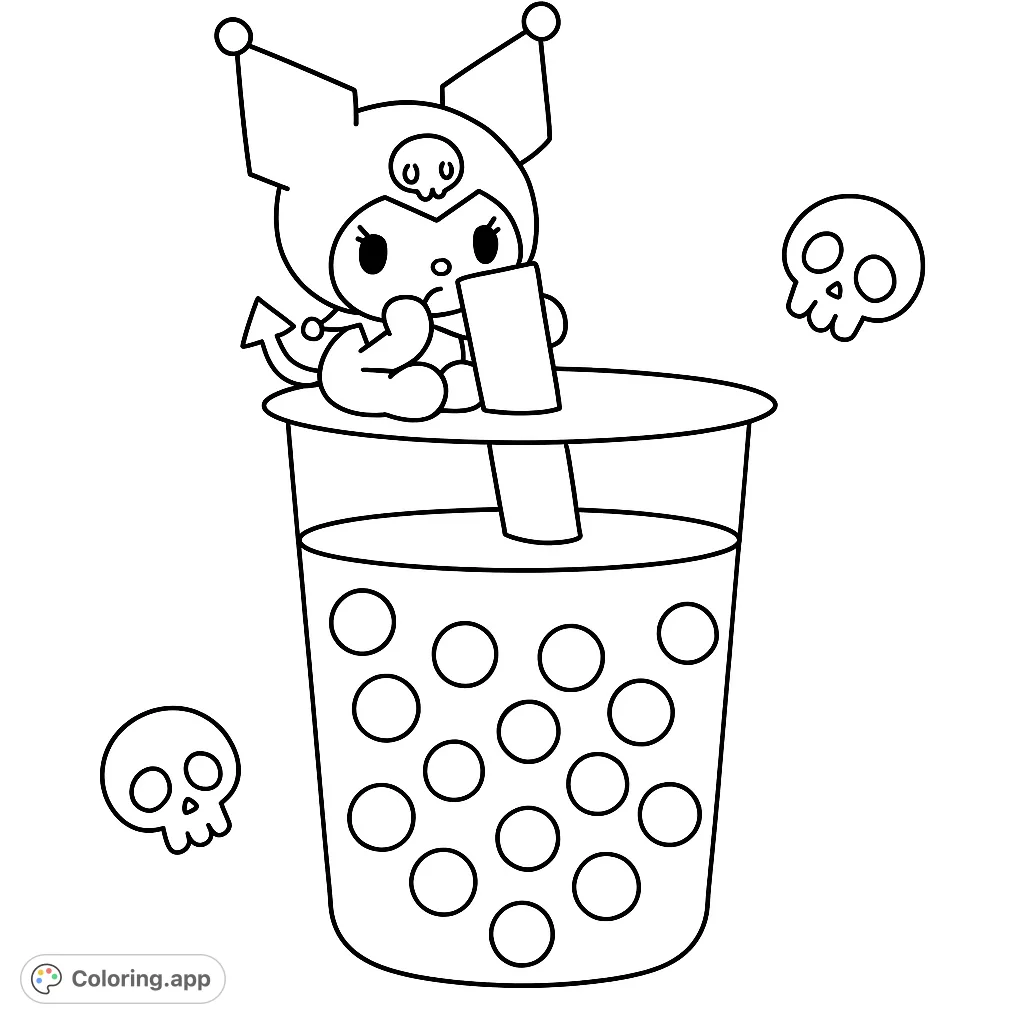 A cute, mischievous character sits atop a large bubble tea cup, surrounded by floating skull shapes. A fun and adorable coloring page for all ages.