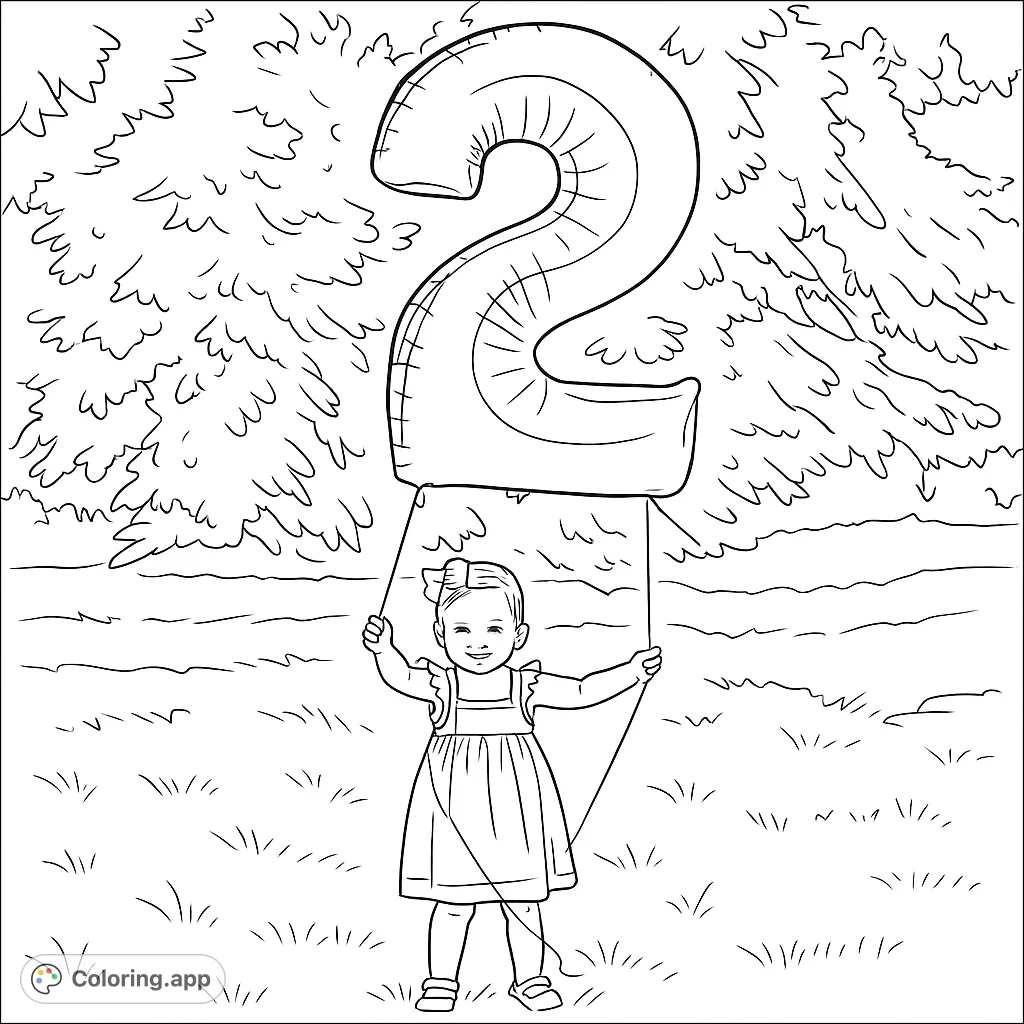 Celebrate a special milestone with this adorable coloring page featuring a happy child holding a large number two balloon in a grassy field. Perfect for birthdays!