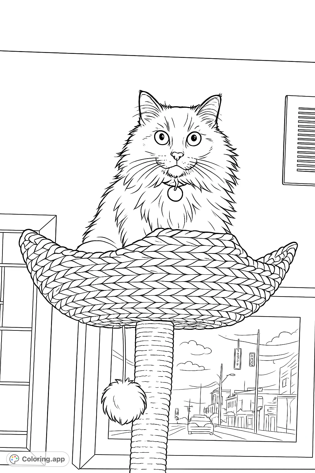A charming fluffy cat sits comfortably in its woven basket bed atop a cat tree, with alert eyes and a cozy demeanor, ready for your creative touch.