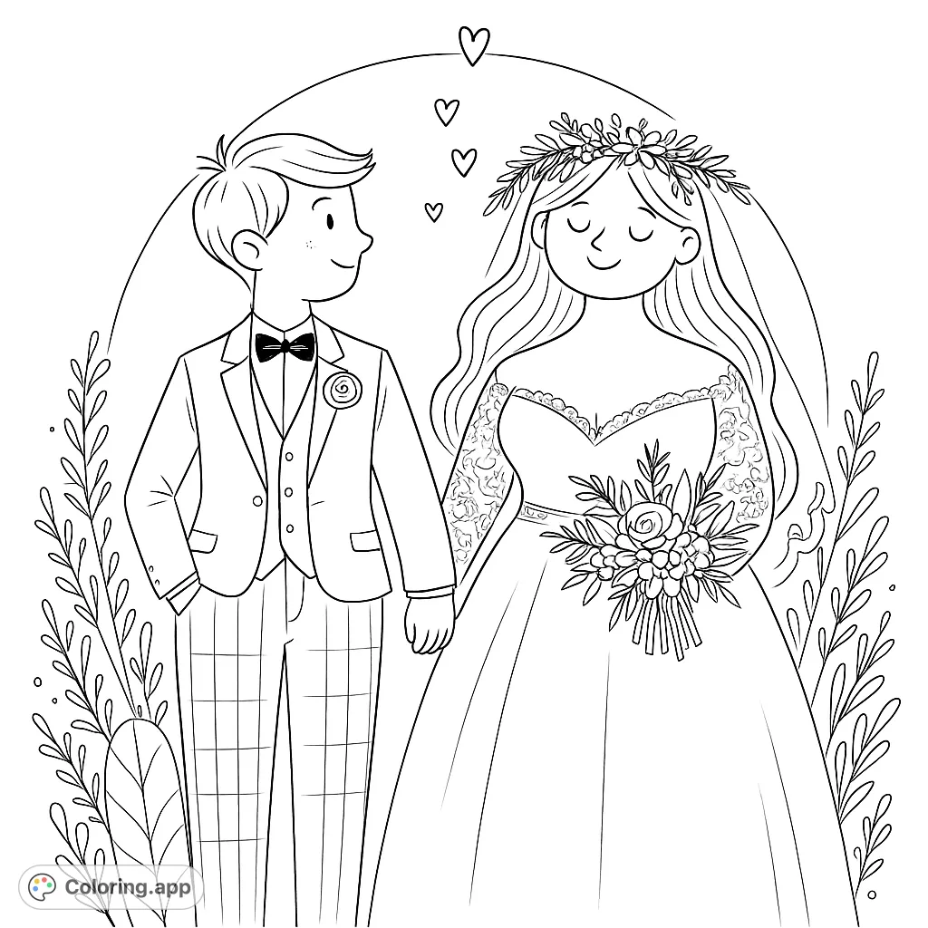 Celebrate love with this beautiful wedding couple coloring page. Features intricate details on the dress, suit, and floral elements, perfect for a special occasion.