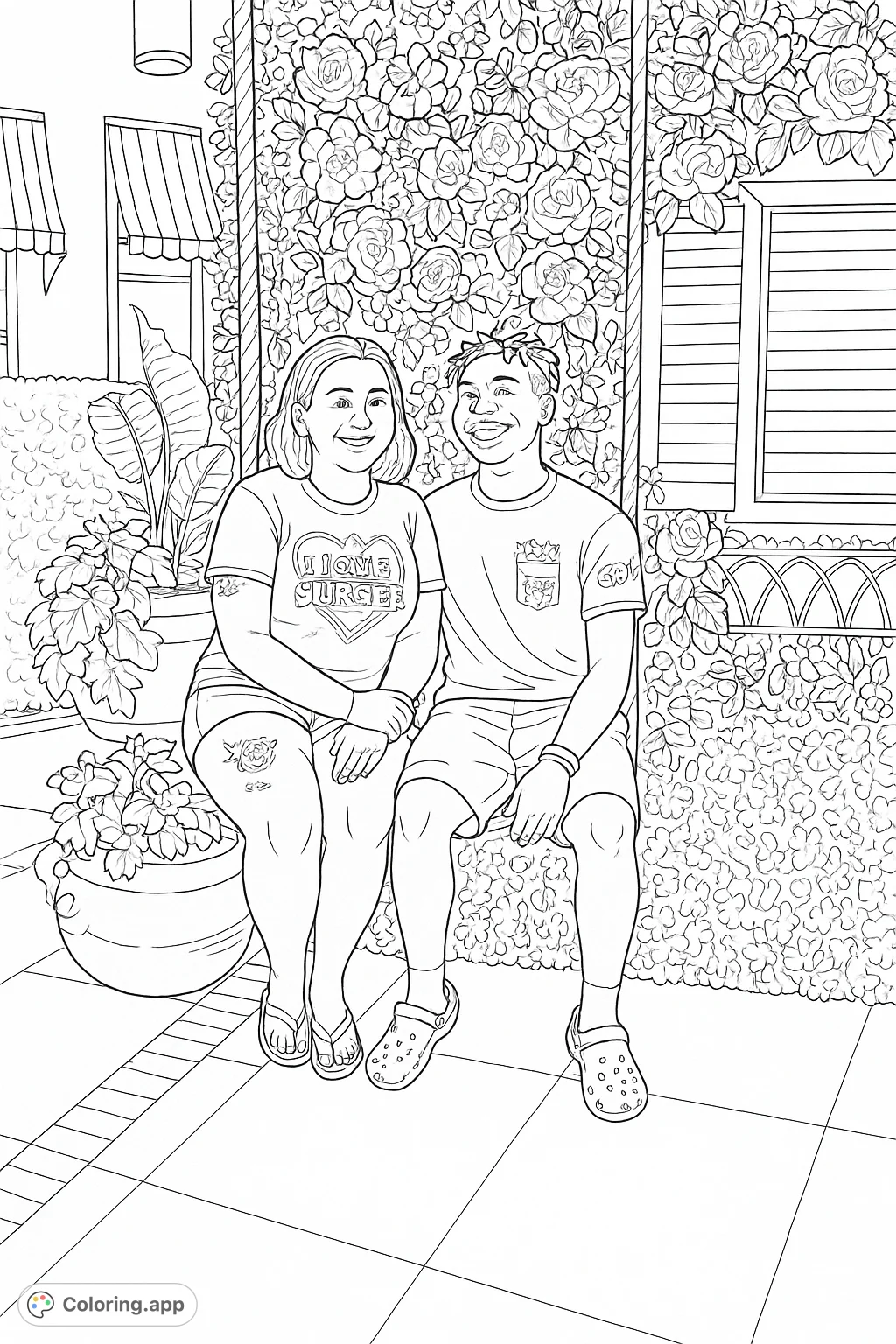 A delightful couple enjoys a moment on a swing amidst a vibrant floral wall. Perfect for a relaxing coloring experience, capturing joy and natural beauty.