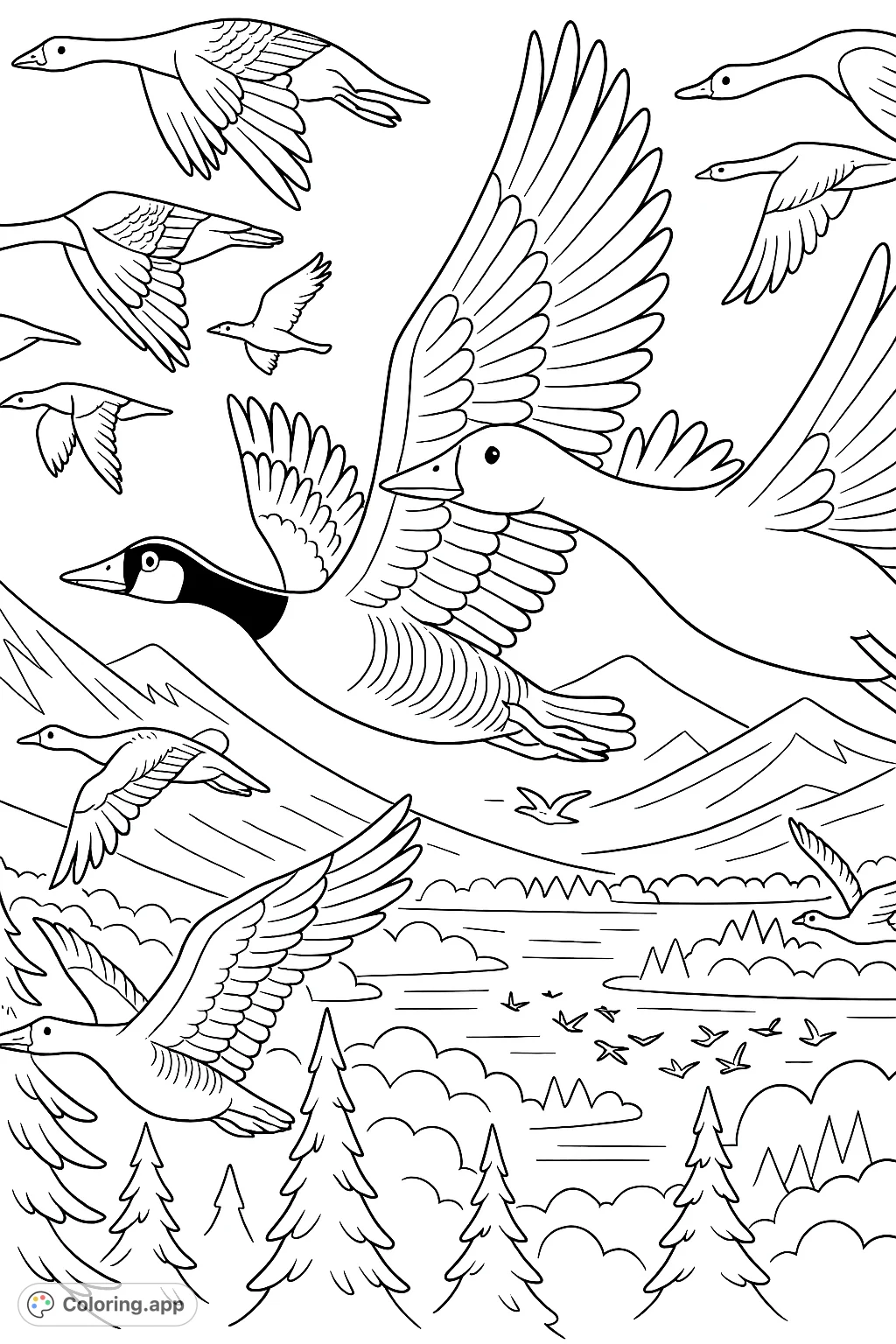 Soar with a majestic flock of geese over a serene landscape of mountains, water, and trees. A beautiful nature scene for all ages to color.