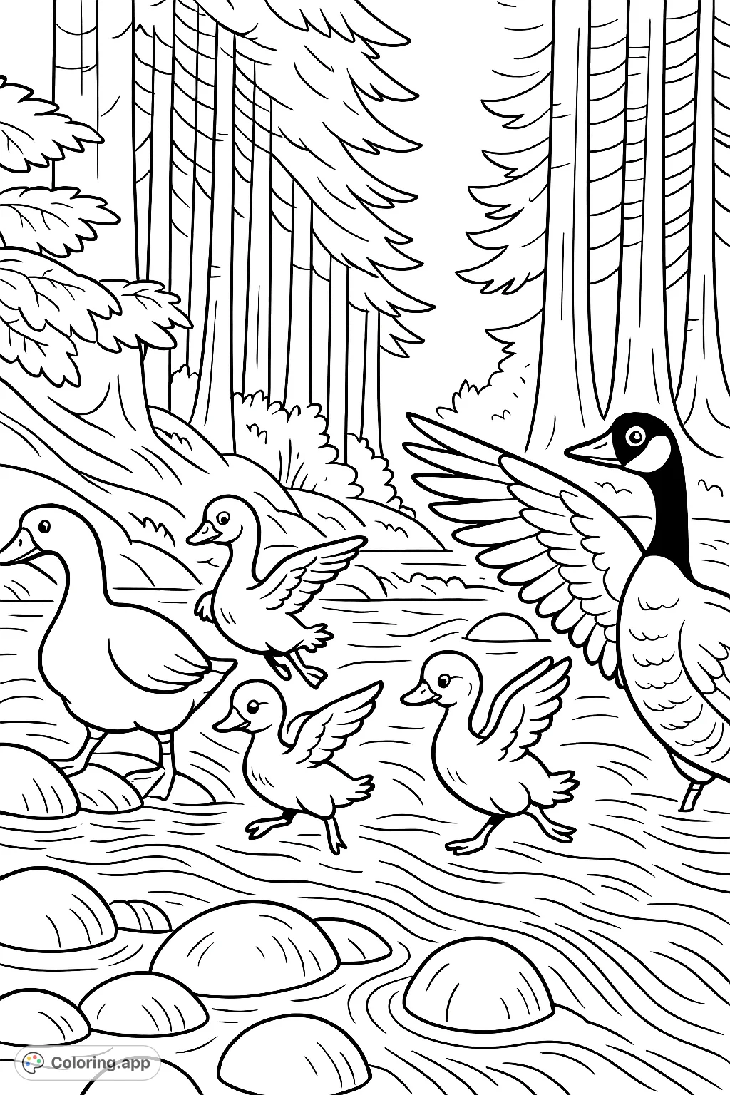 A charming cartoony ducks and geese coloring page featuring a family of waterfowl navigating a forest stream. Perfect for nature lovers and animal enthusiasts.