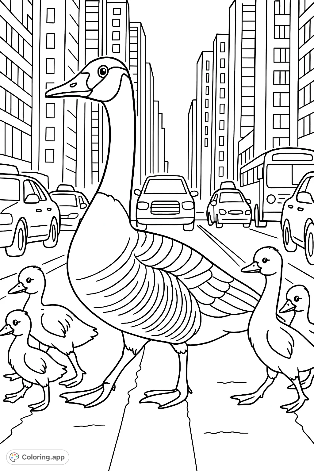 A charming cartoony scene of a goose family crossing a busy city street. Perfect for a fun, urban animal coloring page, blending nature with city life.