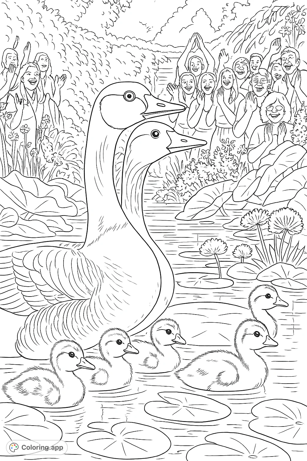 A charming scene of geese and their goslings swimming in a pond, surrounded by a vibrant garden and an admiring crowd. A delightful nature coloring page.
