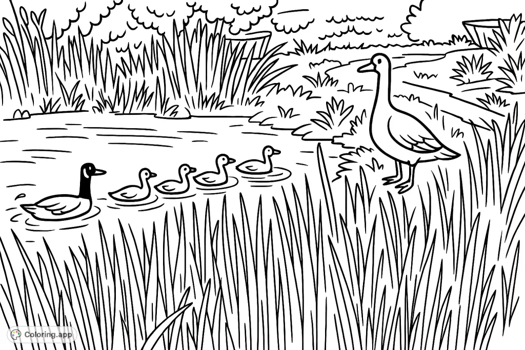 A charming cartoony scene of a goose family, with an adult on the bank and goslings swimming in a pond, surrounded by tall reeds. A delightful nature coloring page.