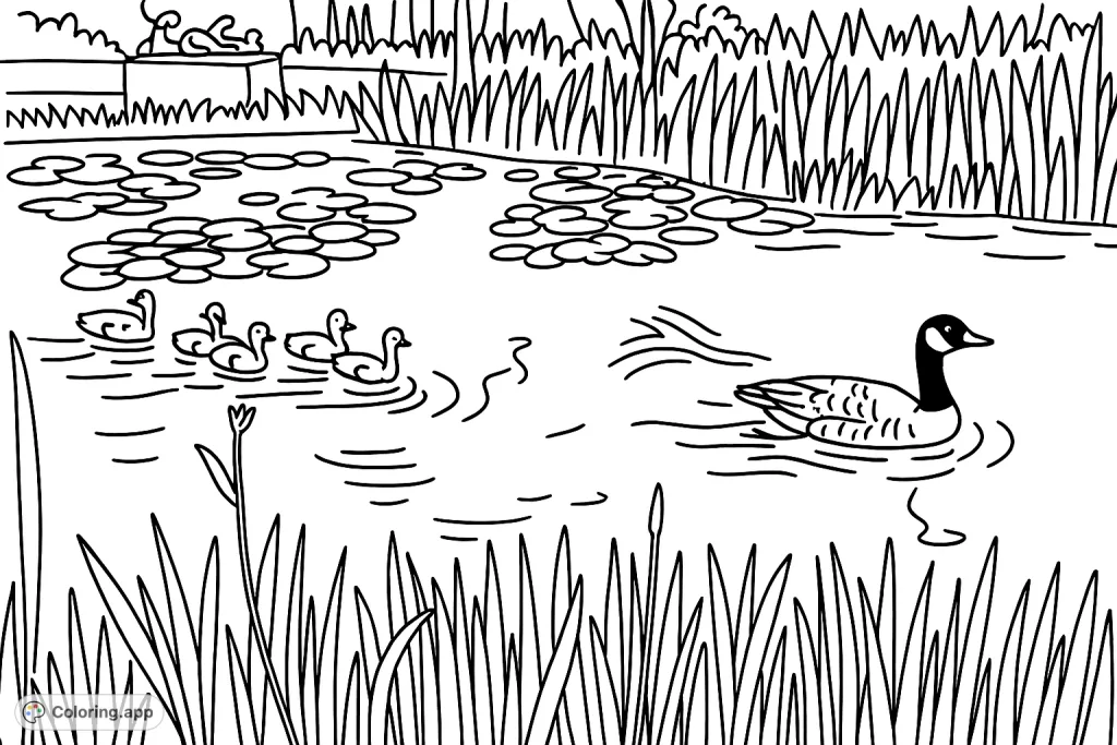 A charming cartoony scene of a goose family swimming in a pond, surrounded by lily pads and tall grasses. Perfect for nature lovers and wildlife enthusiasts.