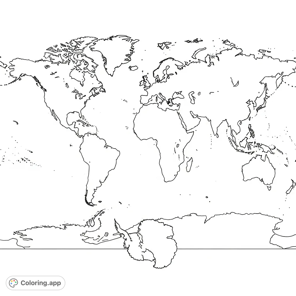 Explore the distinct outlines of continents and major oceans with this detailed world map coloring page. A free printable journey for all ages!