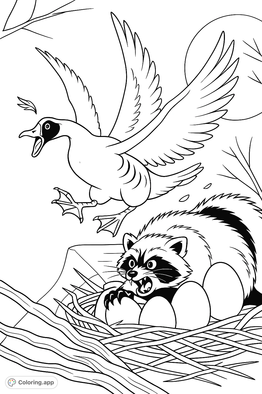 An intense nighttime scene featuring a goose defending its nest of eggs from a snarling raccoon under a full moon. A dramatic animal encounter.