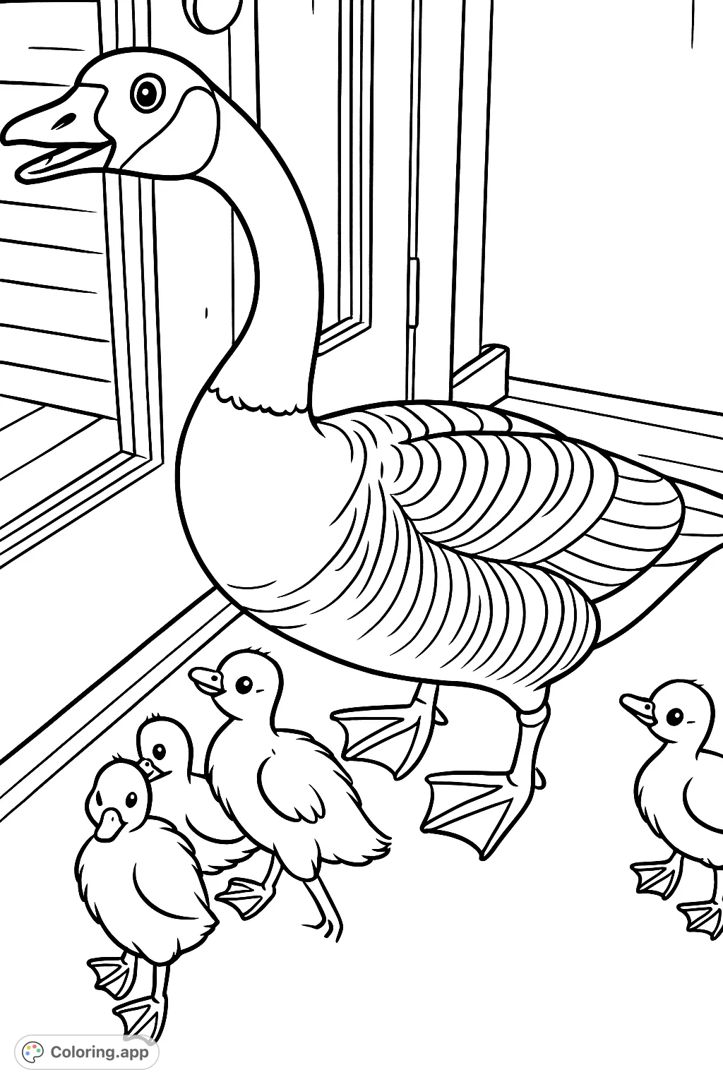A charming goose family coloring page featuring a proud parent goose and its adorable goslings. Perfect for a fun, free printable animal coloring page adventure!