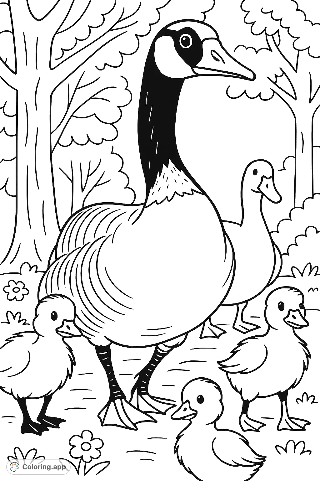 A charming geese coloring page featuring a proud parent goose and its adorable goslings, perfect for a fun and engaging coloring experience.