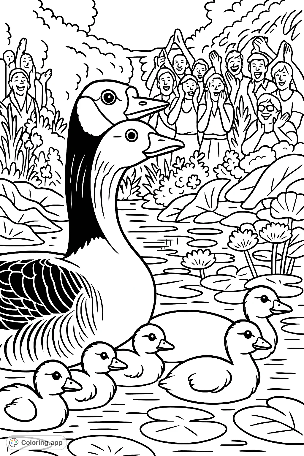 A heartwarming cartoony scene featuring a proud goose and its adorable goslings swimming among lily pads, cheered on by an excited crowd. A delightful nature coloring page.