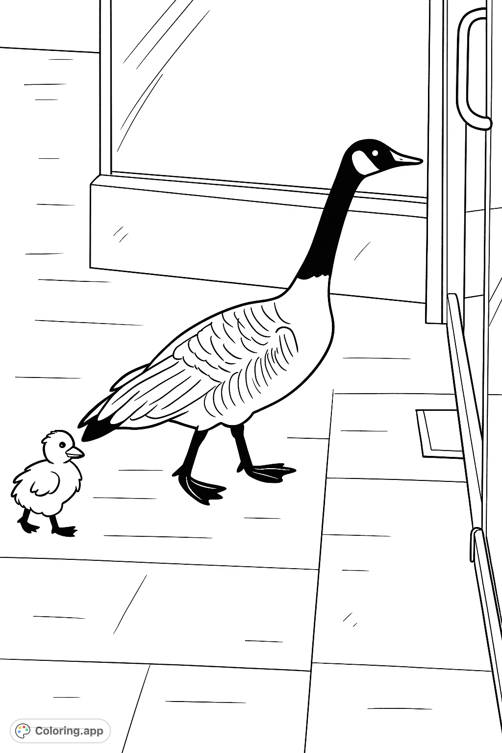 A charming cartoony goose family coloring page featuring a proud parent and two fluffy goslings on a walk. Perfect for animal lovers and nature enthusiasts.