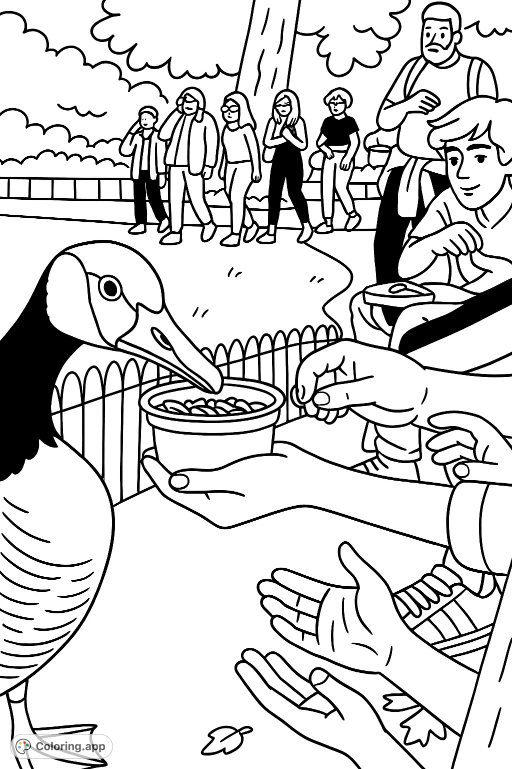A charming cartoony goose feeding scene in a park, perfect for a fun coloring page. Features a friendly goose, human hands, and a lively outdoor setting.