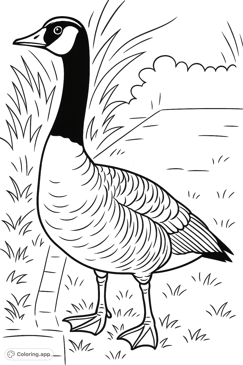 A charming cartoony goose stands tall amidst natural surroundings, offering a delightful and engaging coloring experience for all ages. Free printable goose coloring page.